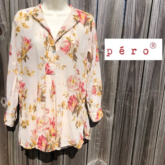 PERO 40 Hand Made Floral Cream Blouse Top Henley Button Down Pink Long Sleeve M - Picture 1 of 16